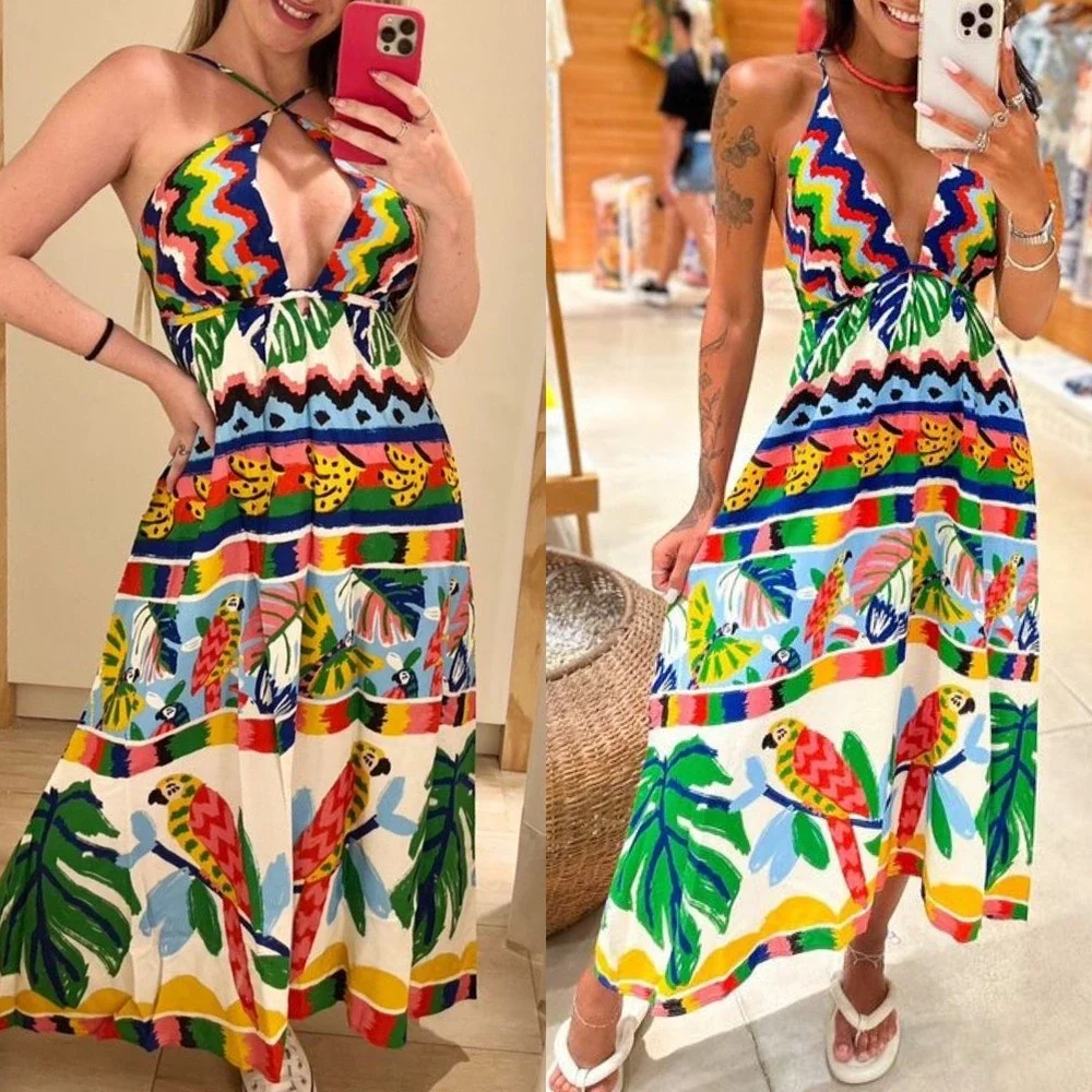 FARM Rio Tropical Print Maxi Dress Small Colorful Birds V Neck Backless Linen